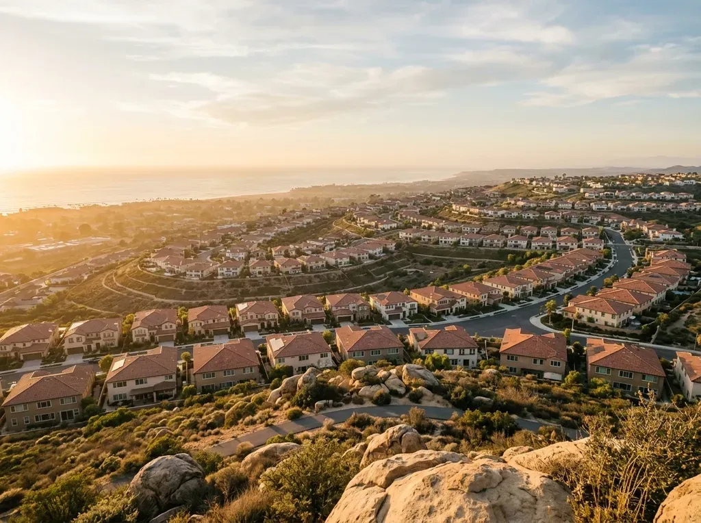 Golden-hour view from the Double Peak Park summit toward the ocean, San Elijo Hills rooftops below