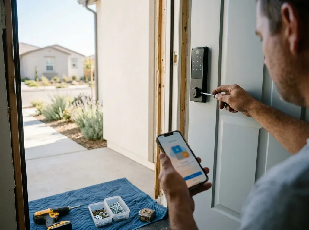 Tech installing a keypad smart deadbolt on a new-build fiberglass front door in San Elijo Hills, phone showing the pairing app