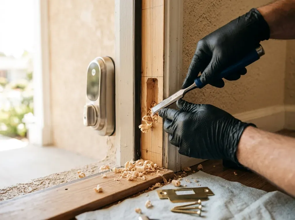 Strike plate being re-mortised on a stucco entry in San Elijo Hills so a smart deadbolt throws without binding