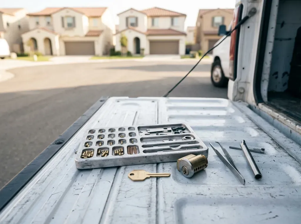 Pinning tray, a builder construction key and a rekeyed Kwikset SmartKey cylinder laid out on the van tailgate on a Rancho Dorado cul-de-sac