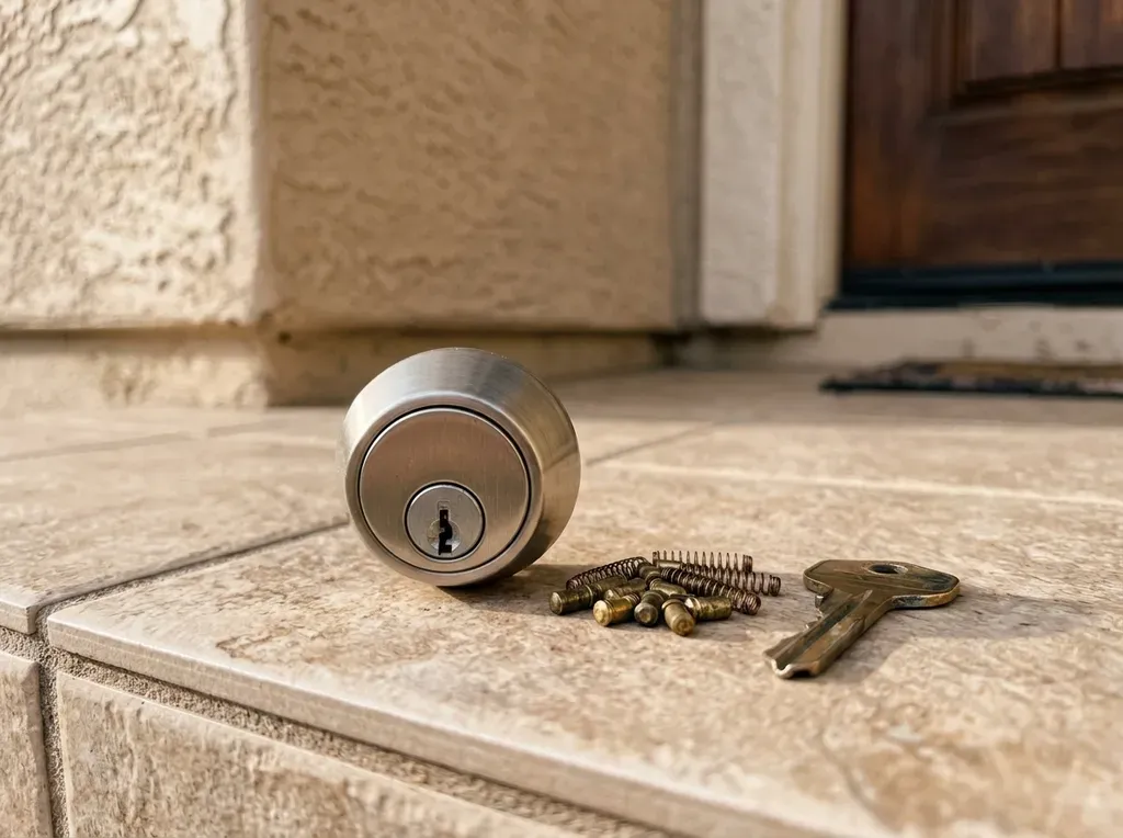 Rekeyed deadbolt cylinder next to the old builder pins on a Rancho Dorado front step