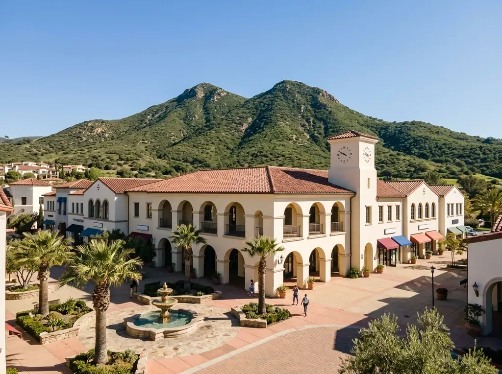 San Elijo Hills Town Square shops and plaza with Double Peak behind