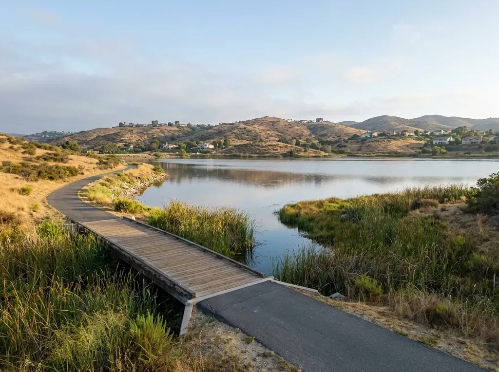 Discovery Lake trail and footbridge on a quiet morning in Discovery Hills