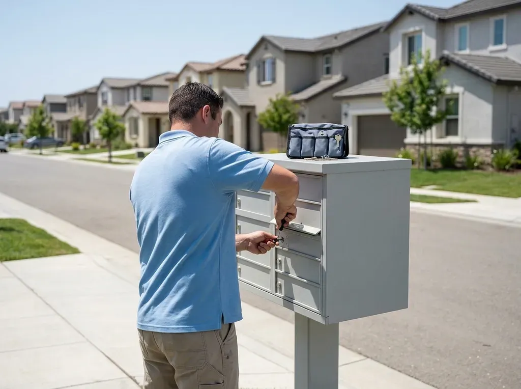 Tech replacing a resident compartment lock on an HOA cluster mailbox on a master-planned street in Santa Fe Hills