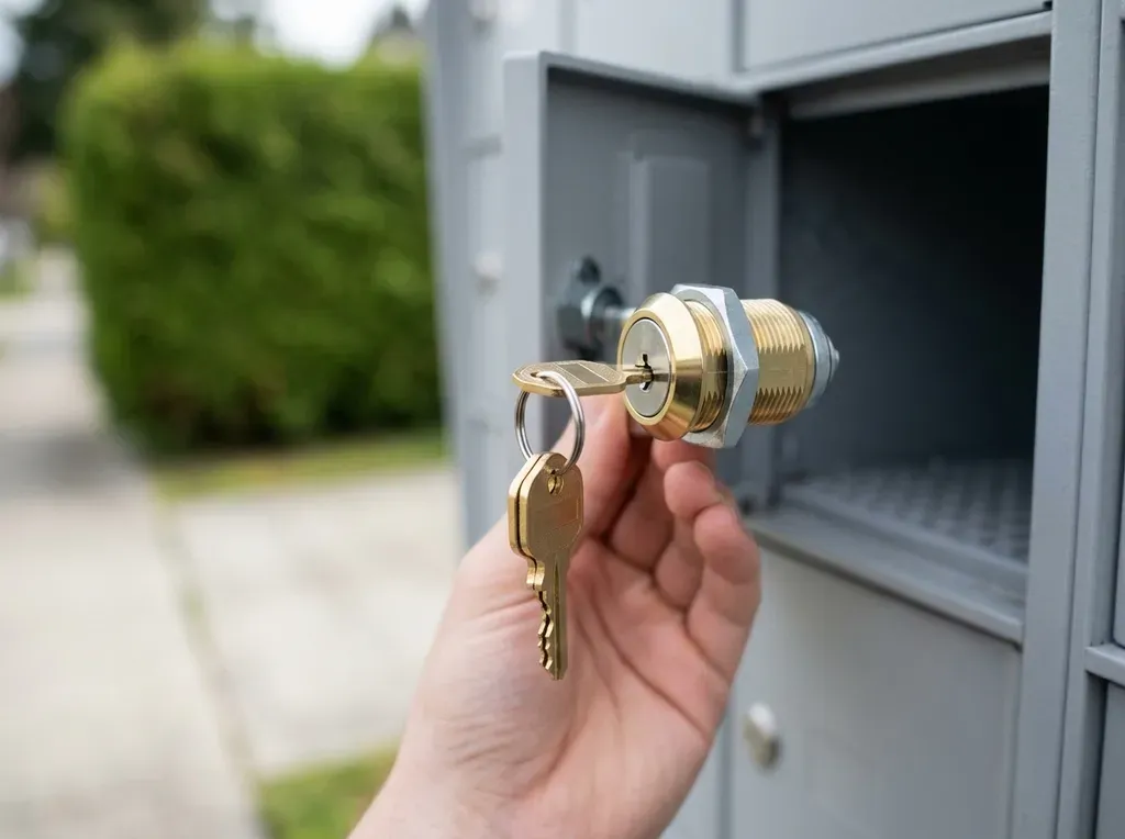 New cam lock and two keys for a resident compartment on a cluster box unit in Discovery Hills