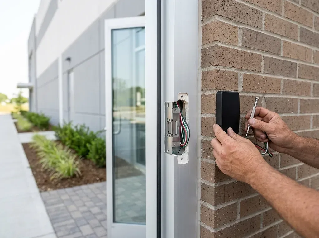 New fob reader and electric strike being mounted at the glass entry of a new logistics building in AXIS Logistics Park