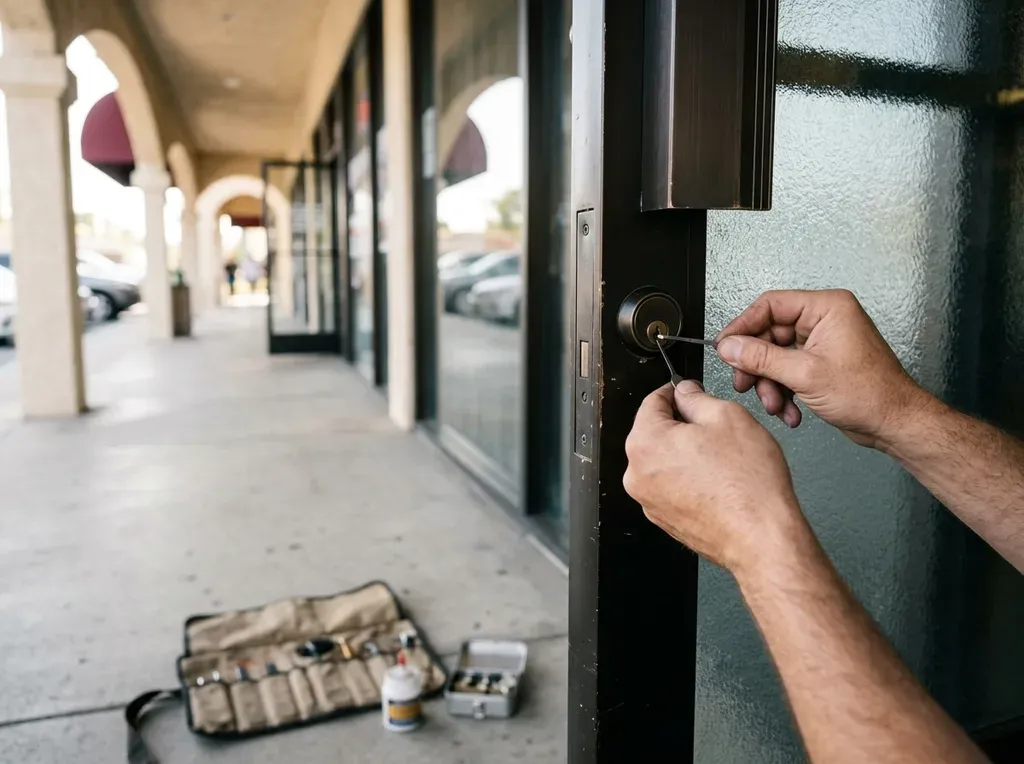 Aluminum storefront door with its cylinder being serviced on a retail strip along San Marcos Boulevard
