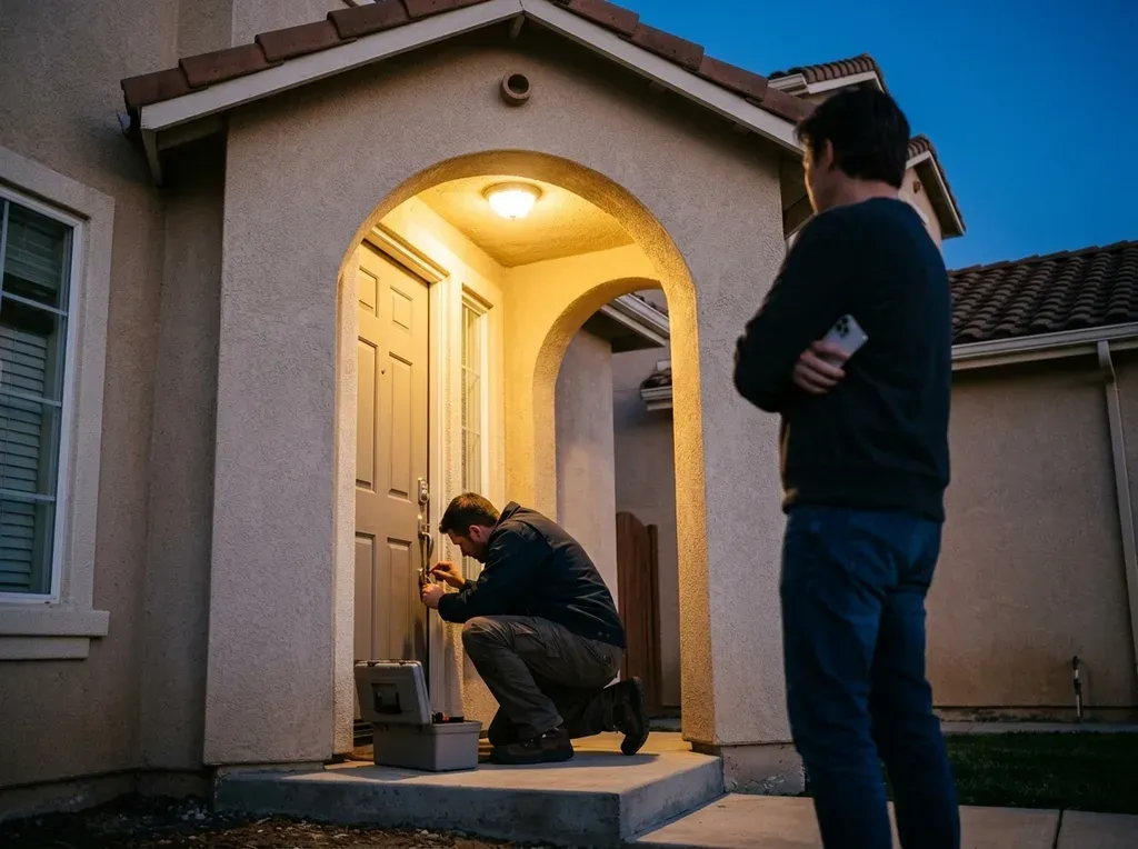 Evening lockout in Santa Fe Hills: porch light on, tech at a 1990s tract-home front door, homeowner waiting