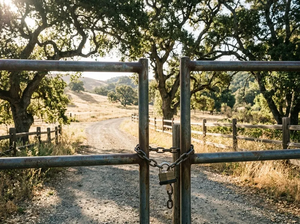 Ranch gate with a keyed gate lock among oak trees in Twin Oaks Valley