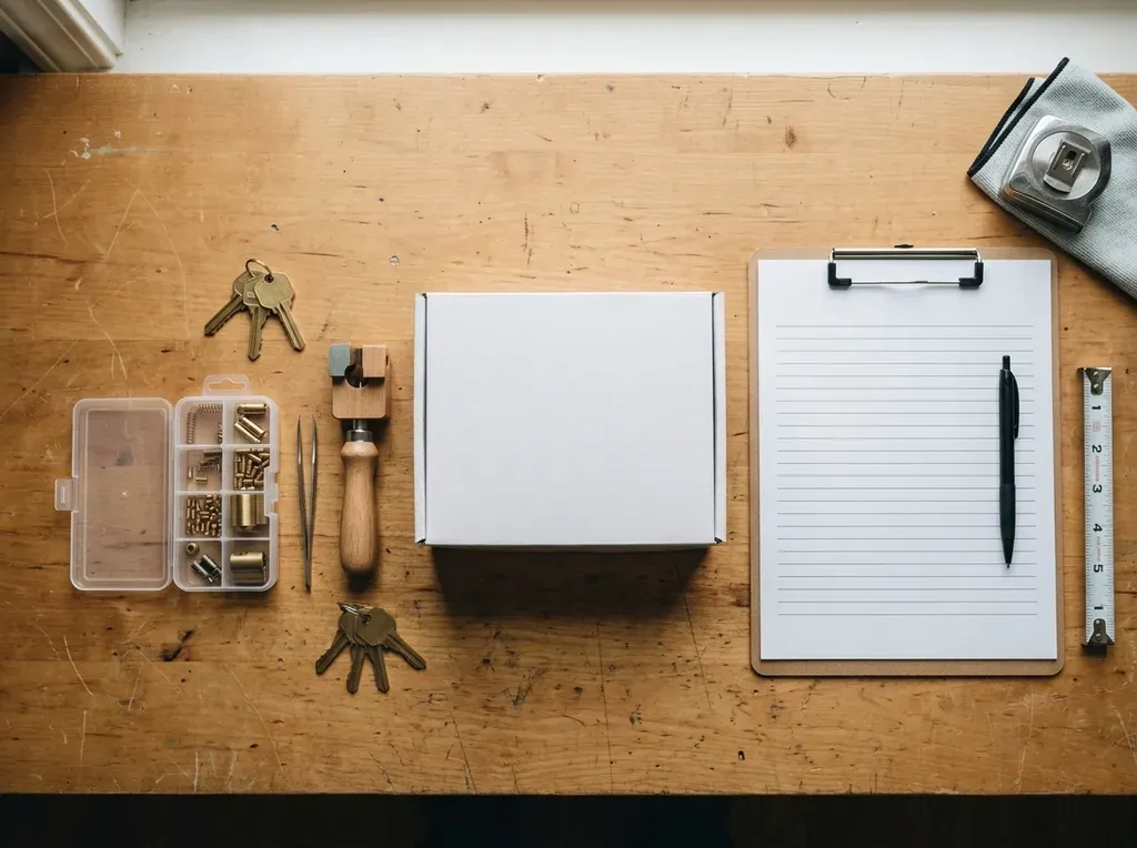 Flat lay on the shop bench: boxed smart lock, rekey kit, key blanks and a clipboard with a written quote form